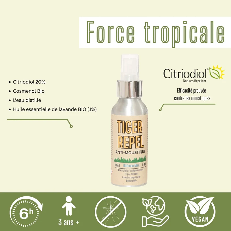 Spray Anti-Moustique Naturel | Tropical | Citriodiol 20% | Sans DEET | Défense MAX