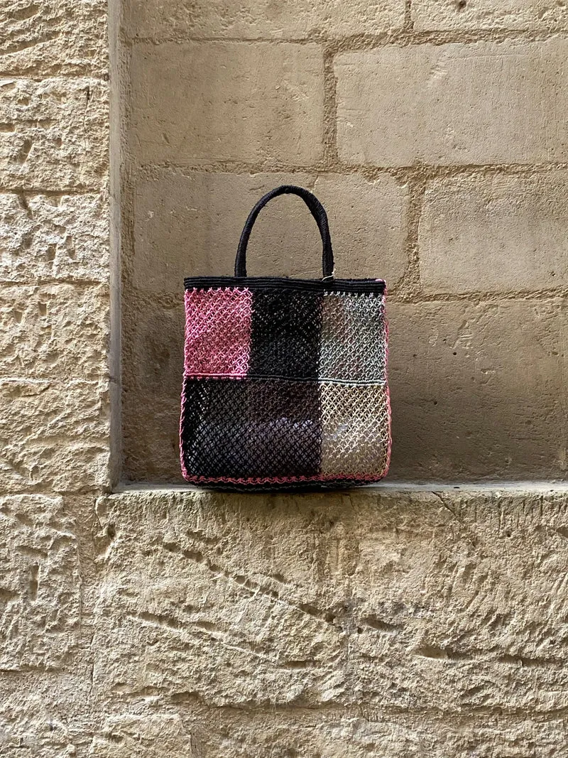 Sac Jute macramé Patchwork black pink