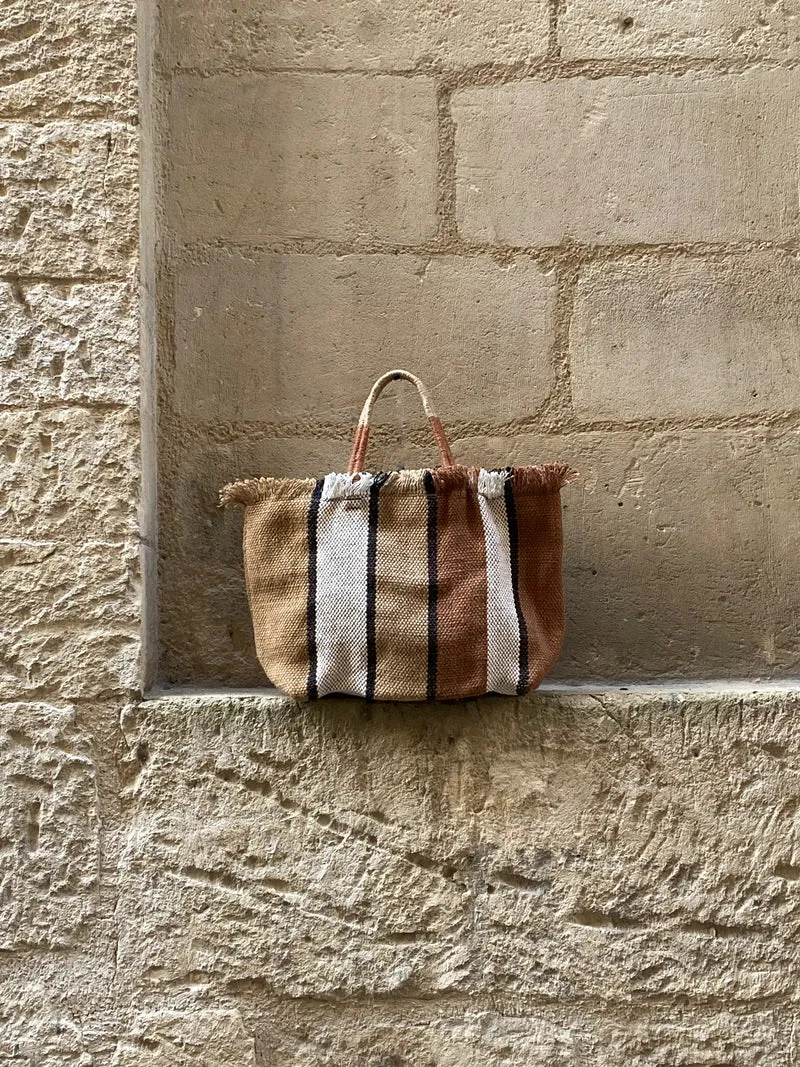 Jute Fringed shopping Bag -brown-white-nat