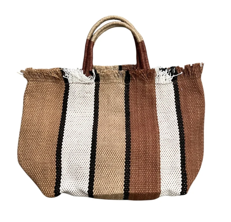 Jute Fringed shopping Bag -brown-white-nat