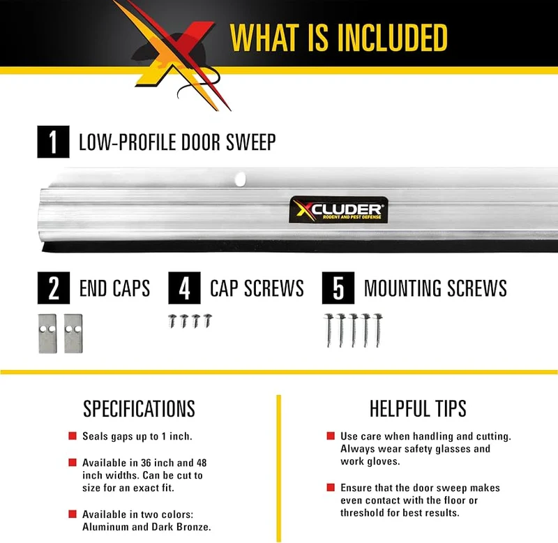 Joint de porte Xcluder profil bas en aluminium 36'' – Bas de porte anti-rongeurs