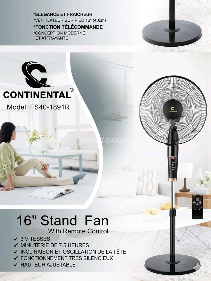 Ventilateur sur Pied 16" avec Télécommande – Continental FS40-1891R | Silencieux, 3 Vitesses, Minuterie 7.5H