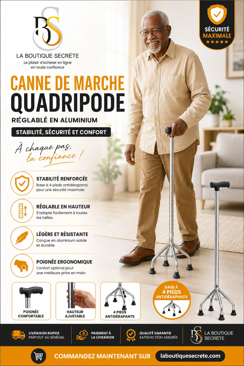 Canne de Marche Quadripode Réglable en Aluminium – Stabilité & Sécurité au Quotidien