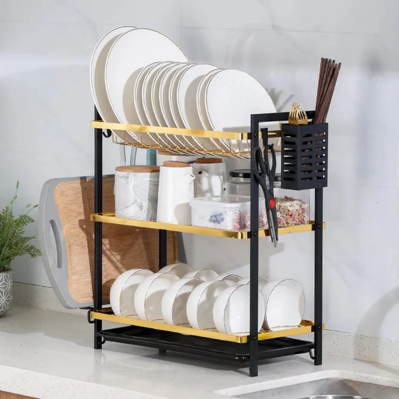 Égouttoir à Vaisselle 2 Niveaux en Acier Inoxydable – Design Doré & Noir