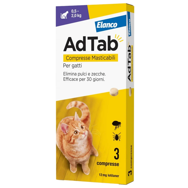 Compresse Antiparassitarie Elanco Adtab Per Gatti 0.5-2kg | Protezione Mensile Contro Pulci E Zecche | Formula Masticabile Aromatizzata