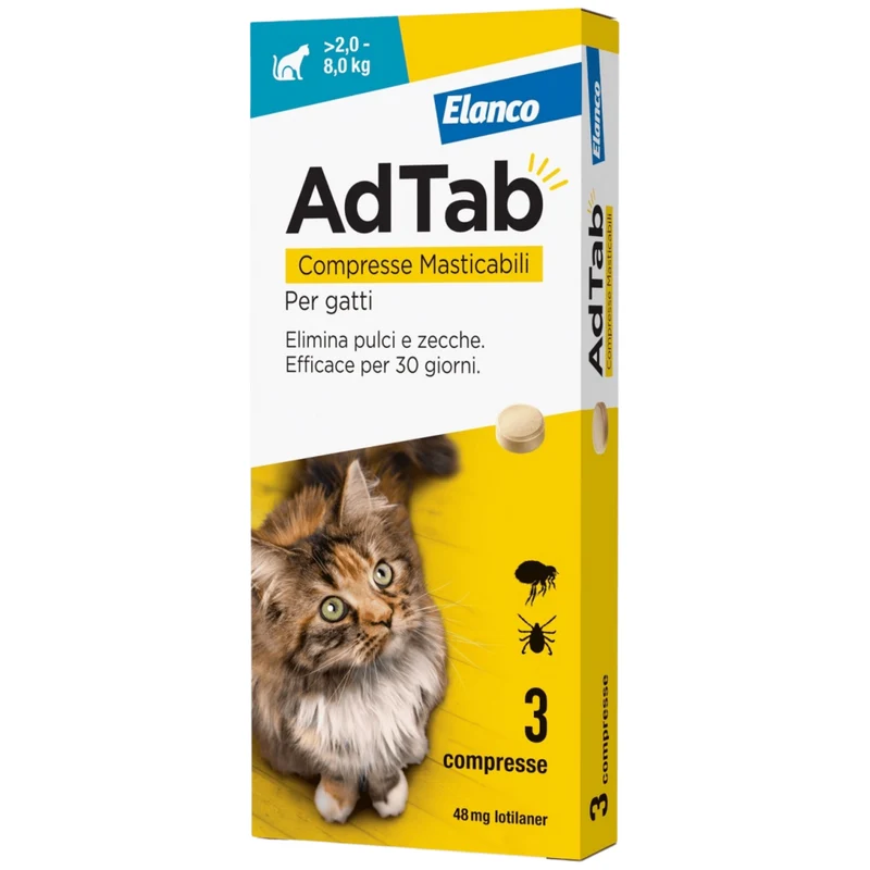 Compresse Antiparassitarie Elanco Adtab Per Gatti 0,5 - 8 Kg | Protezione Mensile Contro Pulci E Zecche | Formula Masticabile Aromatizzata