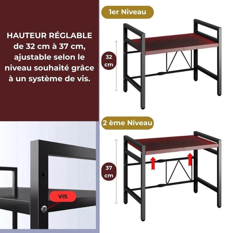 Etagere pour micro onde extensible avec 2 Niveaux et 6 Crochets