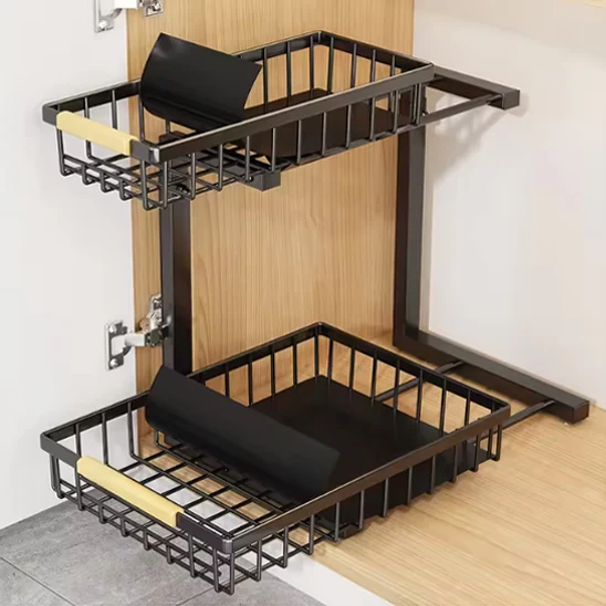 Lot de 2 supports de rangement sous évier en métal à 2 niveaux coulissants