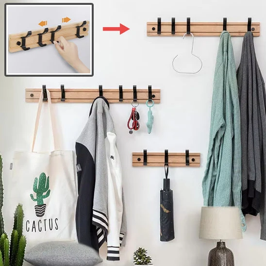 Porte-manteau mural en bois avec crochets coulissants
