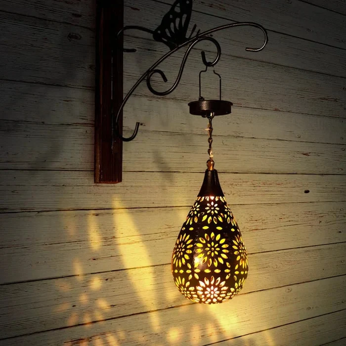 Outdoor LED Solar Garden Light in a Teardrop Shape with an Openwork Floral Pattern