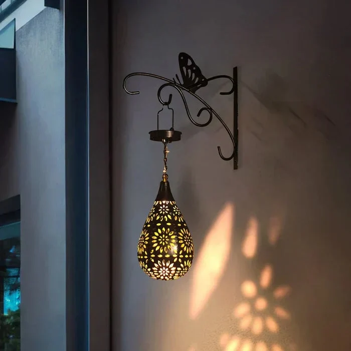 Outdoor LED Solar Garden Light in a Teardrop Shape with an Openwork Floral Pattern