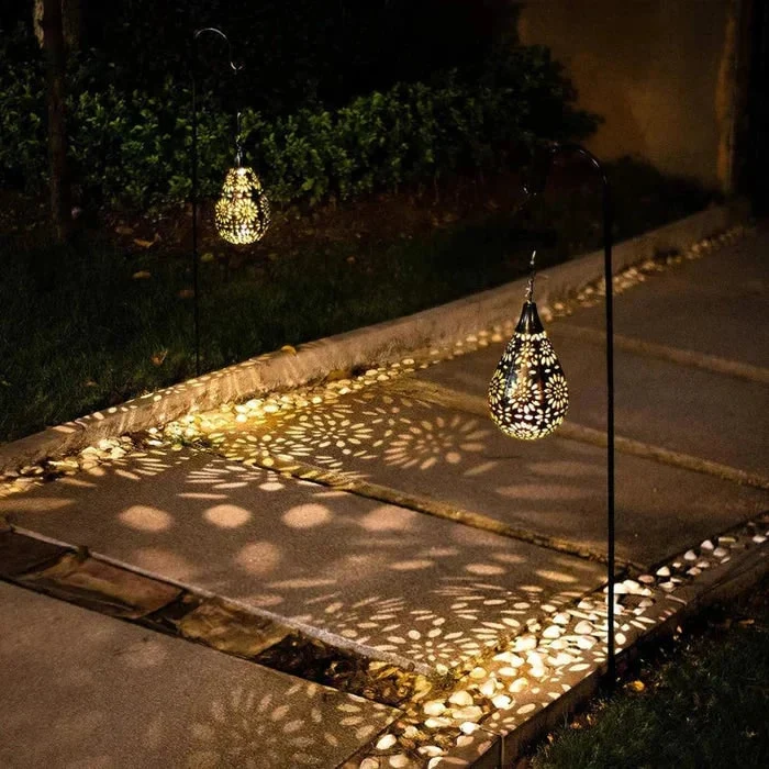 Outdoor LED Solar Garden Light in a Teardrop Shape with an Openwork Floral Pattern