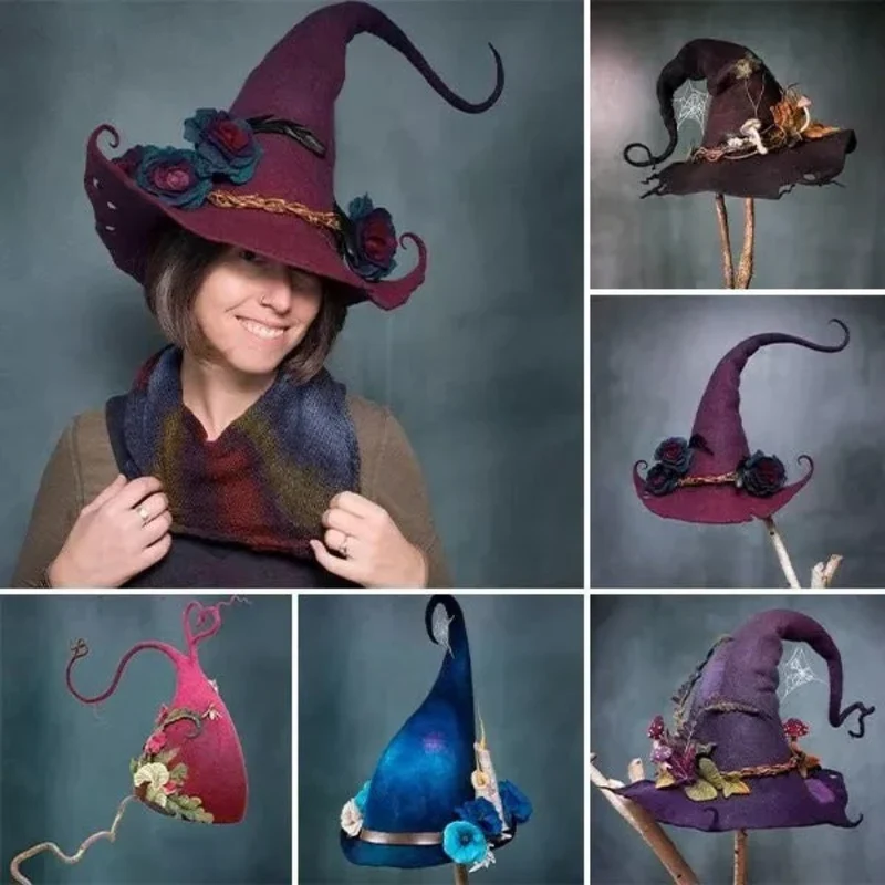 Halloween Felt Witch Hat with Decorative Flowers and Mushrooms for Costumes