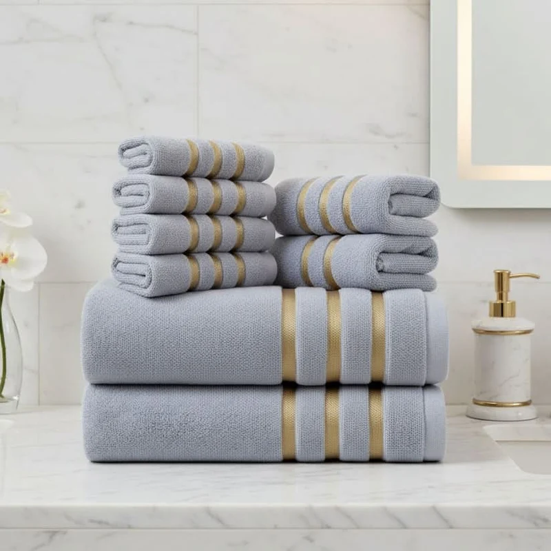 Bath Towel Set with Terry Cloth Gold Stripes and Plush Absorbent 8-Piece Bathroom