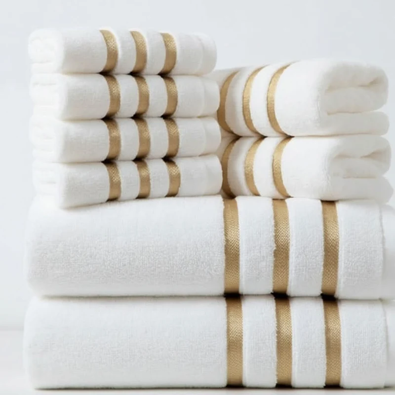 Bath Towel Set with Terry Cloth Gold Stripes and Plush Absorbent 8-Piece Bathroom
