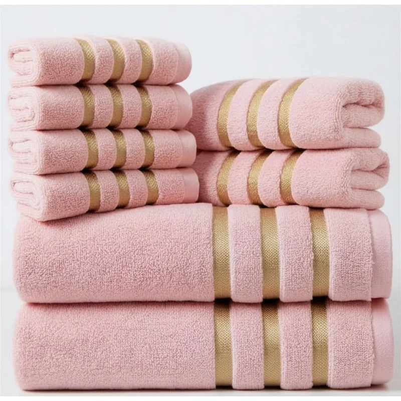 Bath Towel Set with Terry Cloth Gold Stripes and Plush Absorbent 8-Piece Bathroom