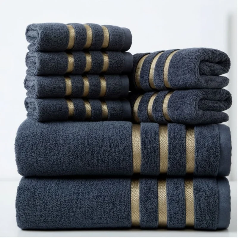 Bath Towel Set with Terry Cloth Gold Stripes and Plush Absorbent 8-Piece Bathroom