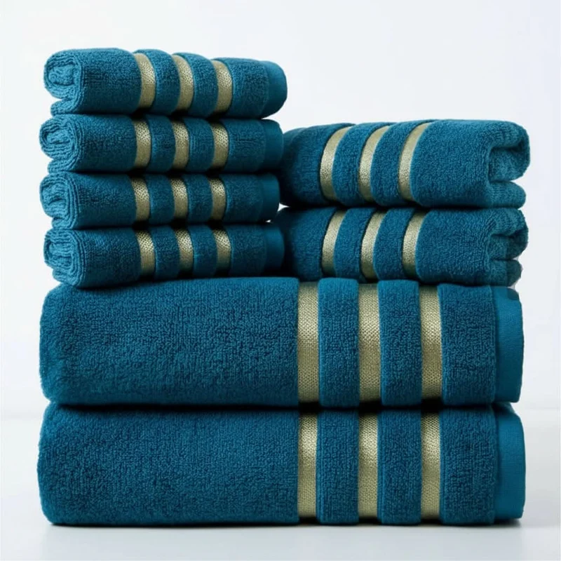 Bath Towel Set with Terry Cloth Gold Stripes and Plush Absorbent 8-Piece Bathroom