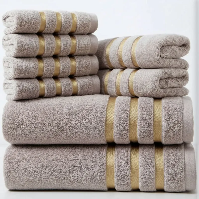 Bath Towel Set with Terry Cloth Gold Stripes and Plush Absorbent 8-Piece Bathroom