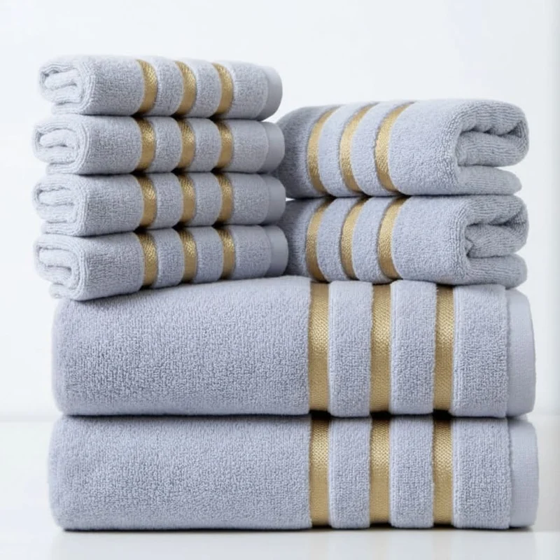 Bath Towel Set with Terry Cloth Gold Stripes and Plush Absorbent 8-Piece Bathroom