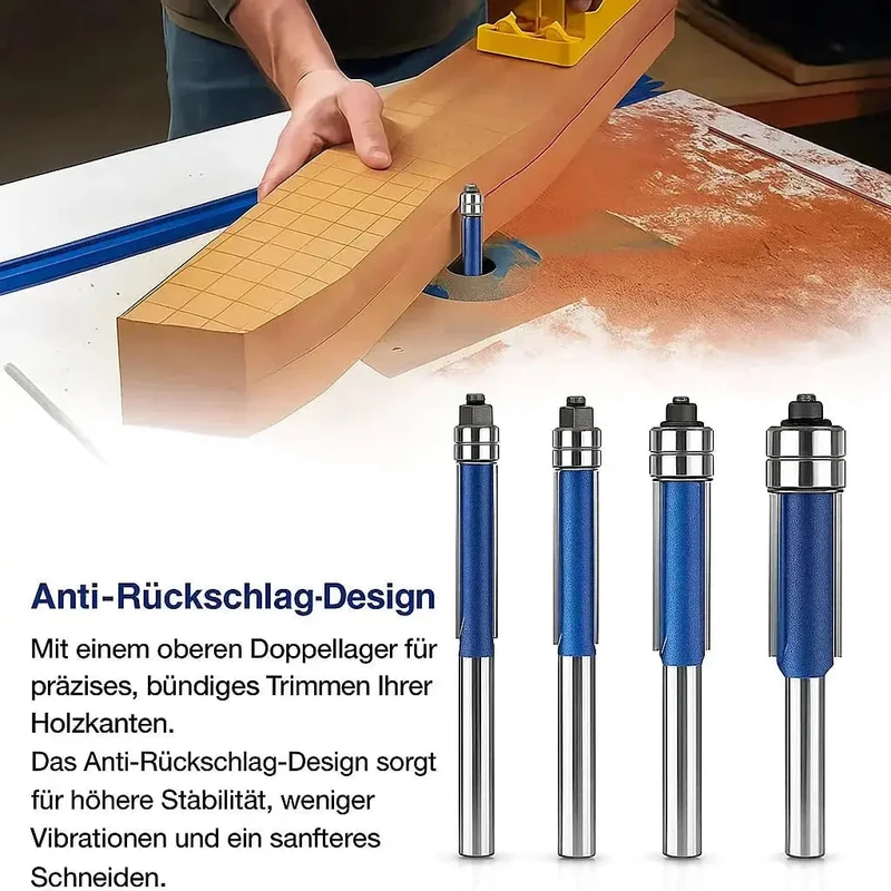 4-Piece Flush Trim Router Bit Set with Double Bearings