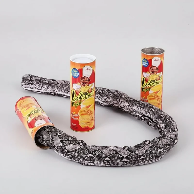 Halloween prank: spring-loaded snake jumping out of a can, chips—trick or treat after the chips