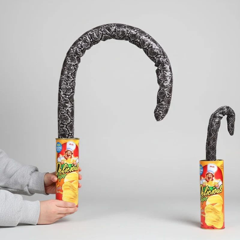 Halloween prank: spring-loaded snake jumping out of a can, chips—trick or treat after the chips
