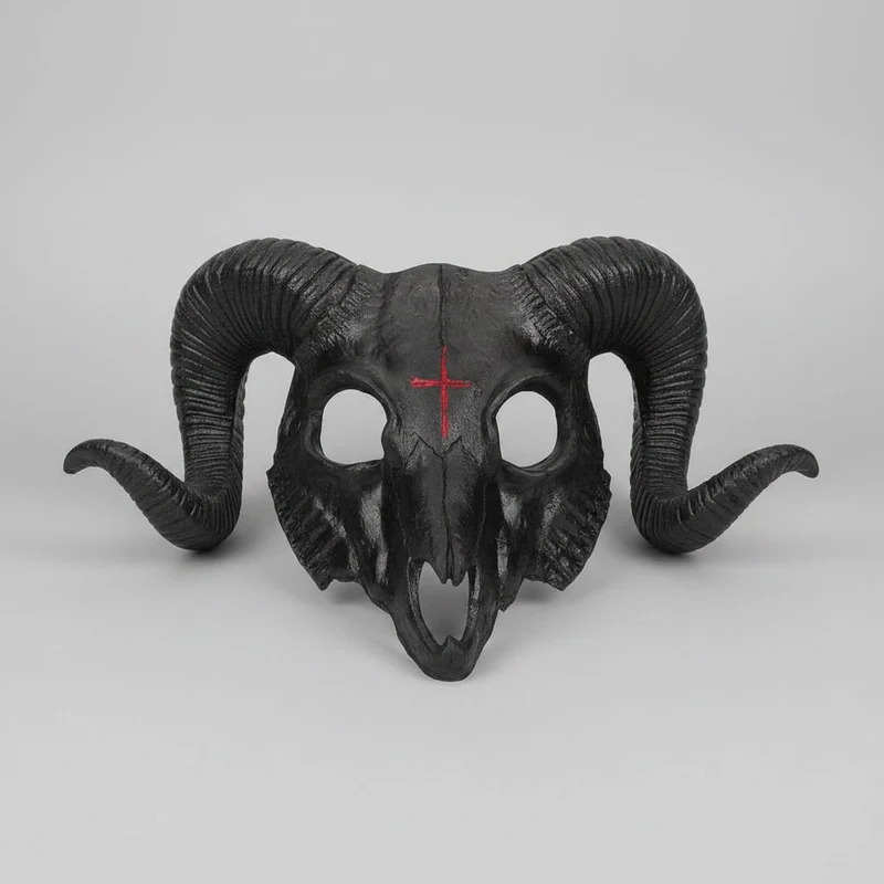 Halloween Goat Skull Mask with Horns and Red Cross for a Costume Party