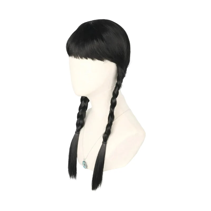 Halloween Women’s Wig with Braids and Bangs, Black Synthetic Costume, Men’s Long Hair