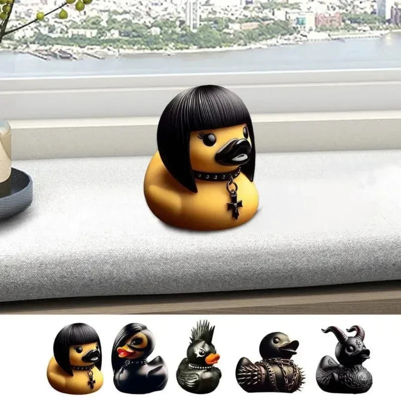Gothic Halloween Rubber Duck Car Decoration with Black Hair and Studded Collar