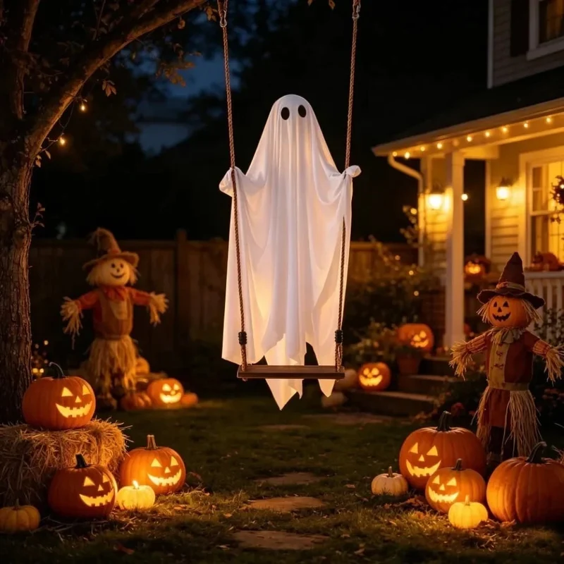 Halloween Glowing Ghost on a Swing with LED Remote Control