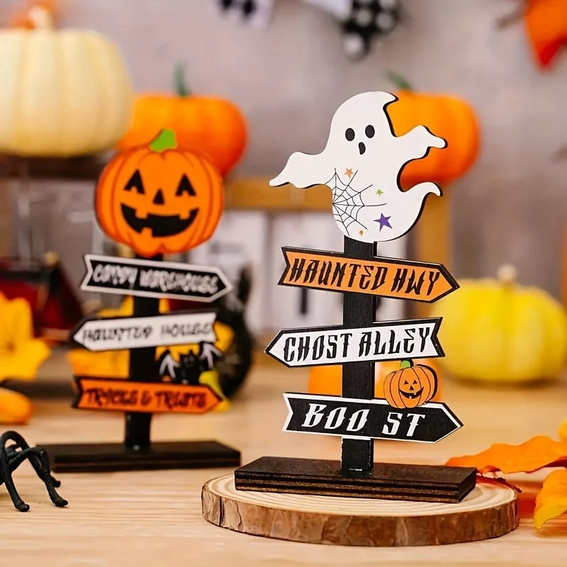 Halloween Wooden Signpost Decorations with Directional Arrows and Tabletop Text Labels