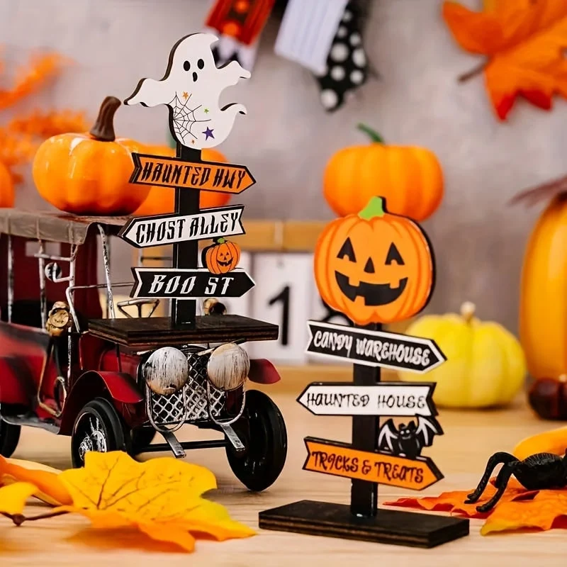 Halloween Wooden Signpost Decorations with Directional Arrows and Tabletop Text Labels