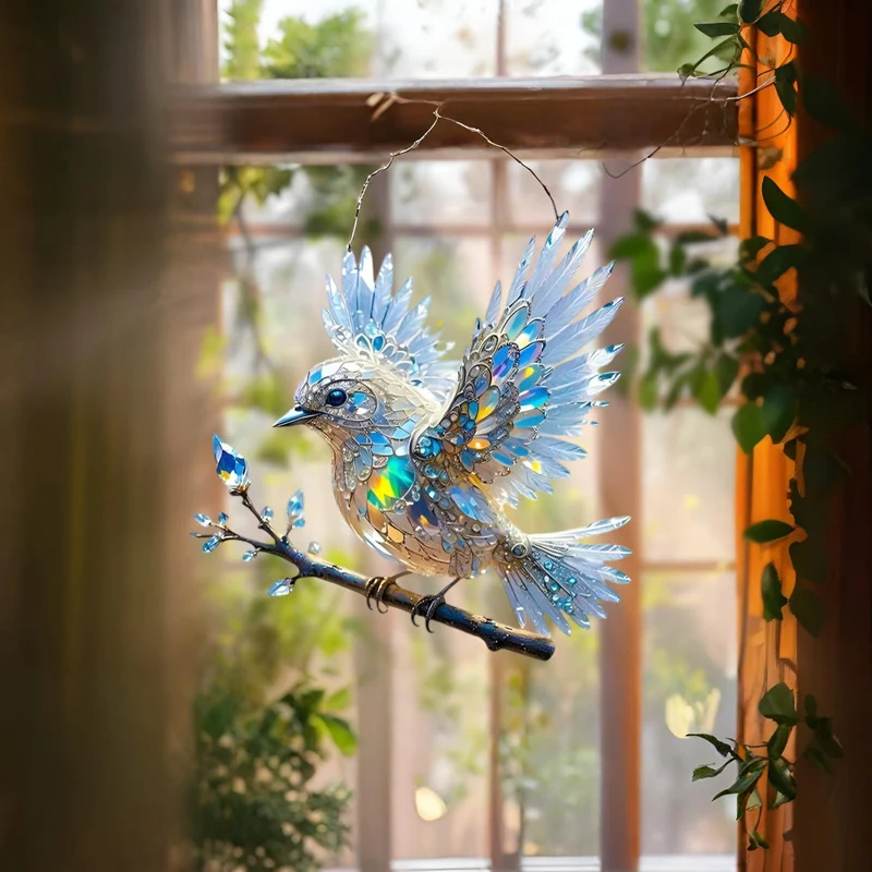 Stained Glass Style Window Decoration with Blue Bird Motif