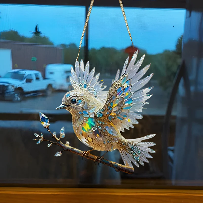Stained Glass Style Window Decoration with Blue Bird Motif