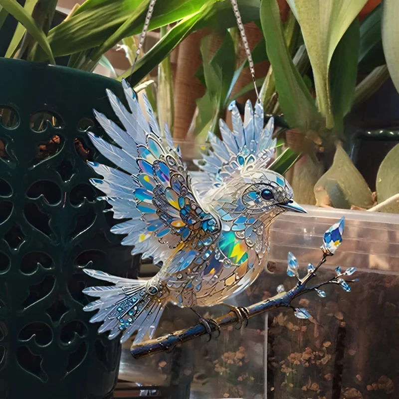 Stained Glass Style Window Decoration with Blue Bird Motif