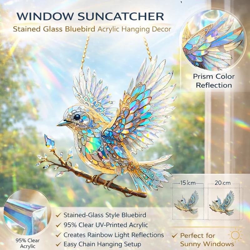 Window Decoration with Stained Glass Effect and Blue Bird Motif