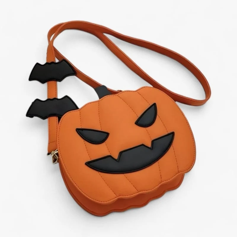 Halloween Women's Pumpkin-Shaped Shoulder Bag, Small Sporty Bag with Bats