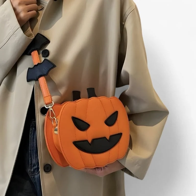 Halloween Women's Pumpkin-Shaped Shoulder Bag, Small Sporty Bag with Bats