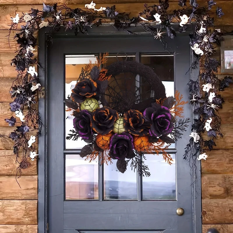 Halloween Decorative Wreath with Artificial Roses and Cobweb for the Door