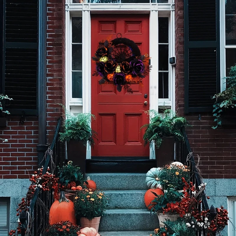 Halloween Decorative Wreath with Artificial Roses and Cobweb for the Door