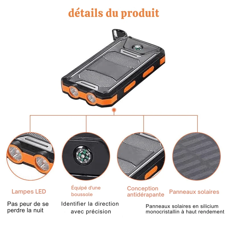 Batterie Externe Solaire Étanche Antichoc 10 000 mAh | Recharge Solaire