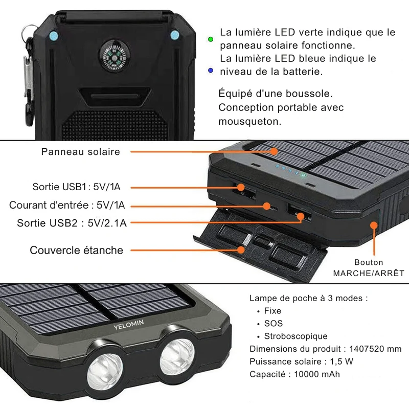 Batterie Externe Solaire Étanche Antichoc 10 000 mAh | Recharge Solaire