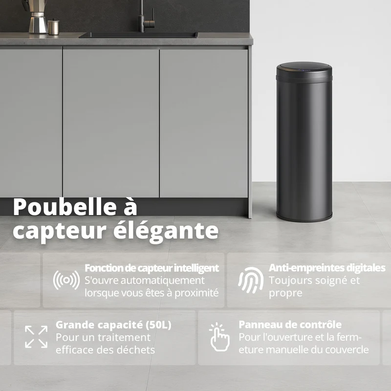 Poubelle 50 L automatique noire