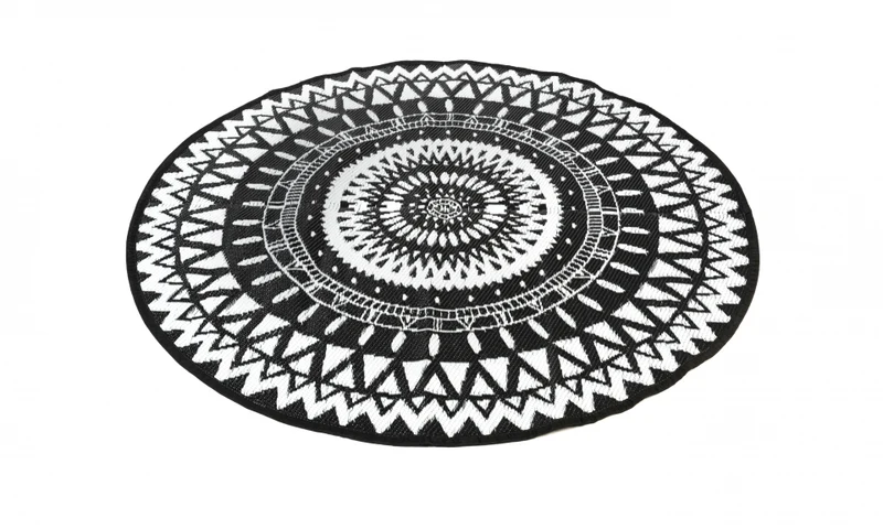 Tapis extérieur rond 150cm noir Maori motifs "ethniques"