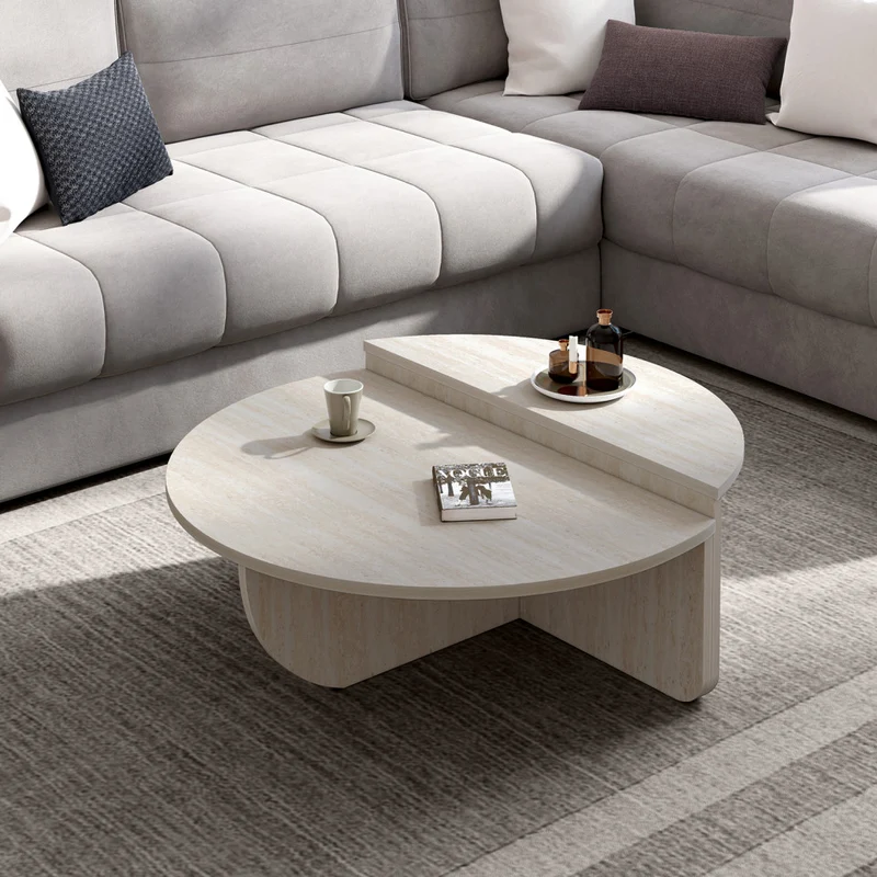 Tables basses rondes asymétriques effet travertin