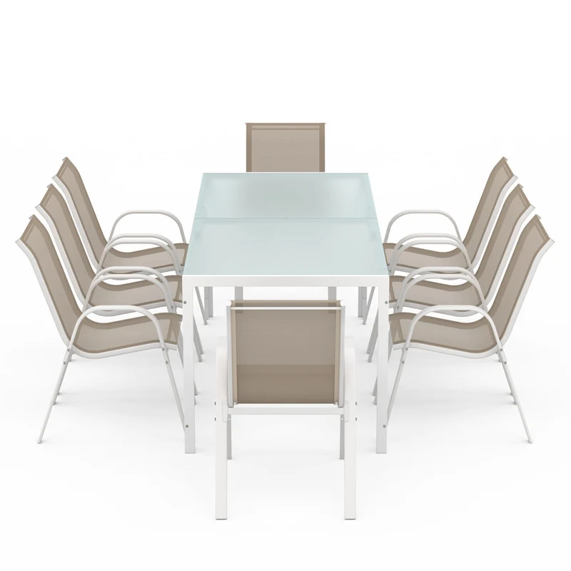 Ensemble de jardin Minorca 8 places en textilène et verre trempé blanc et beige