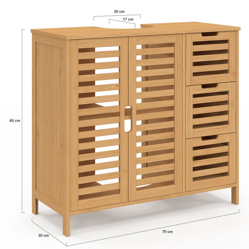 Meuble sous vasque Maya bambou placards et tiroirs
