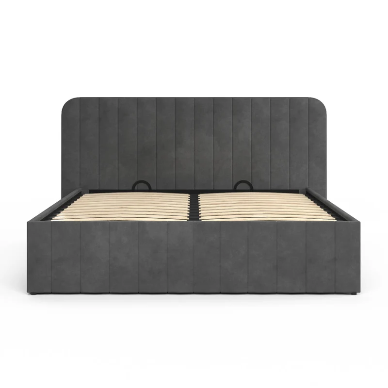 Lit coffre Valentina en velours gris avec sommier et tête de lit 140x190cm