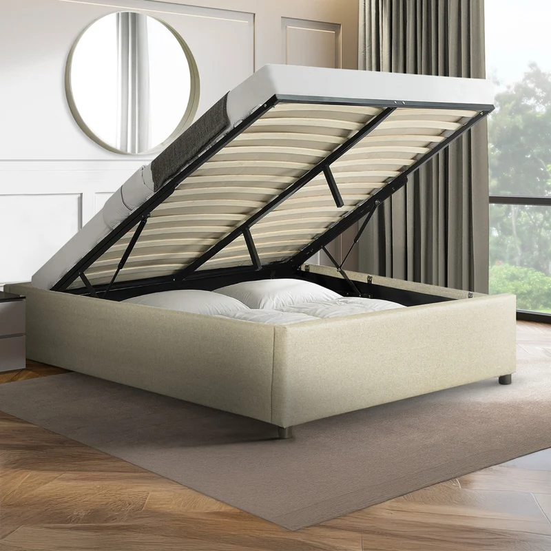 Lit coffre Otto en tissu beige avec sommier 140x190cm